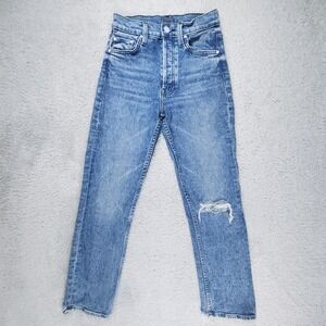 Mother The Tomcat Jeans Womens 24 Blue Distressed High Rise Button Fly Raw Hem